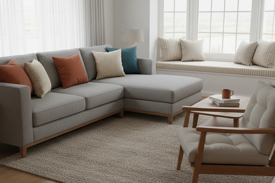 Living room with various seating all featuring cushions