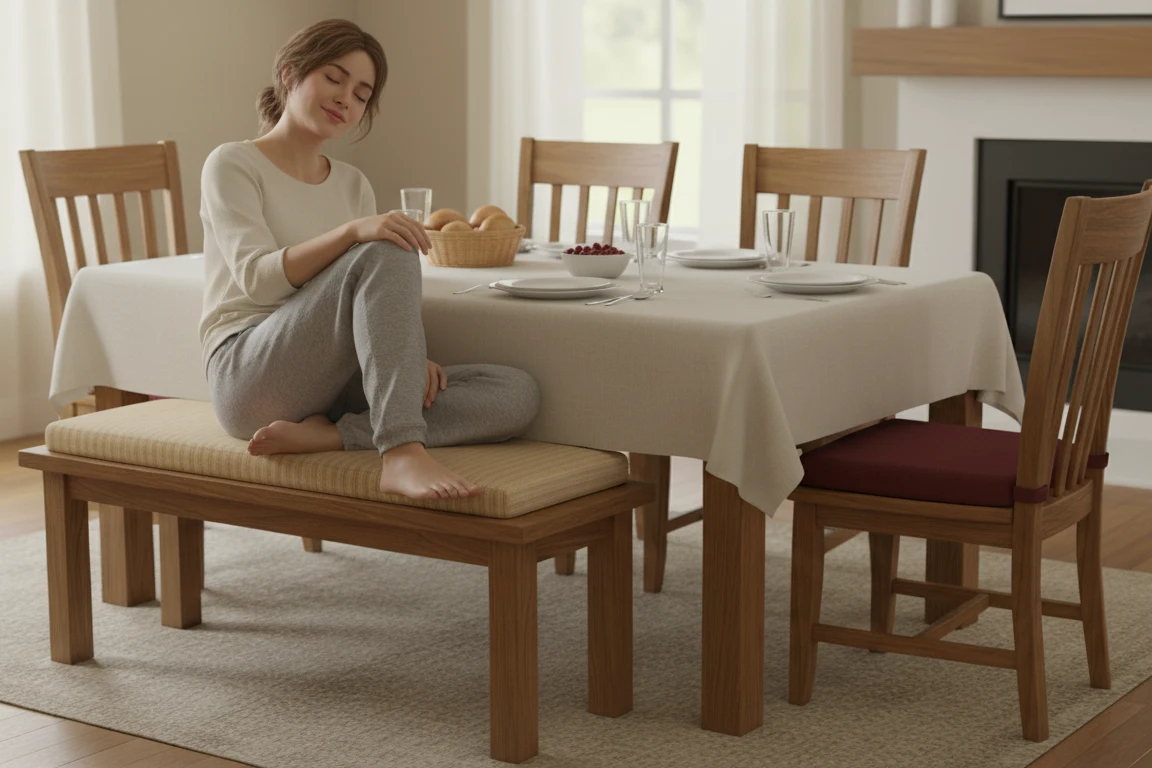 Someone sitting comfortably on a bench with a cushion