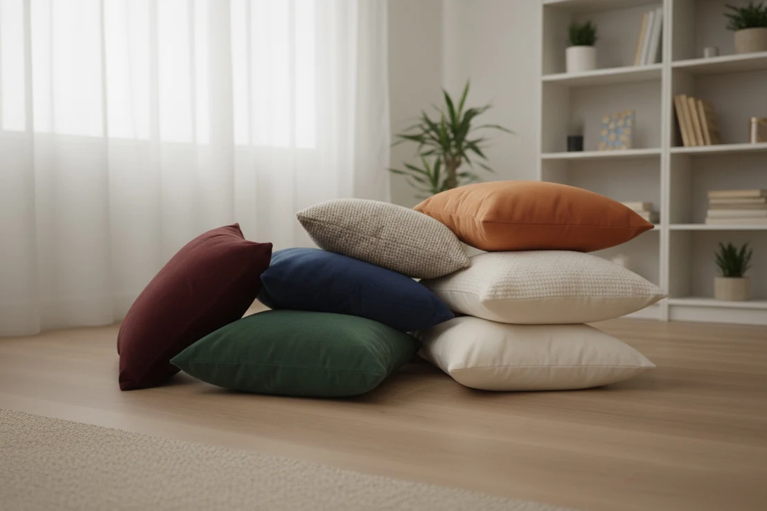 Cushions in various winter colors arranged together