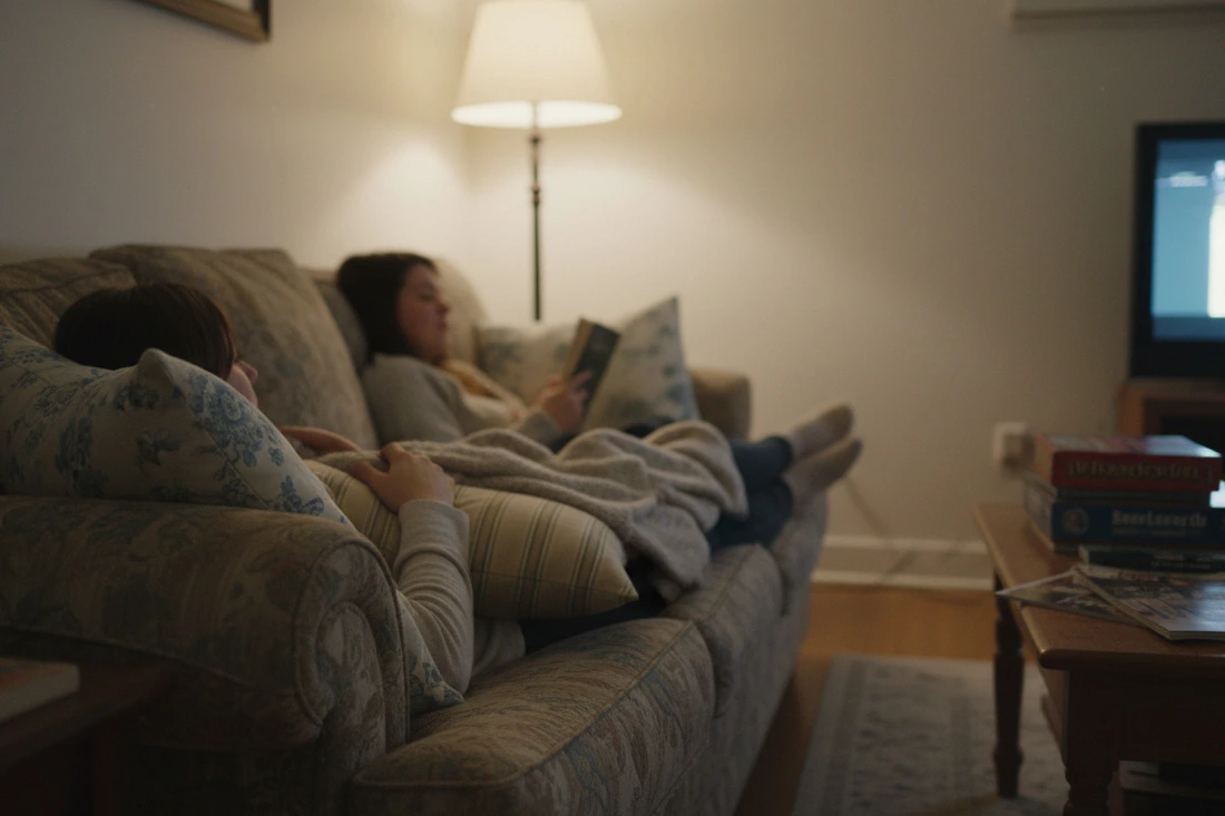 People casually using furniture with cushions in everyday setting