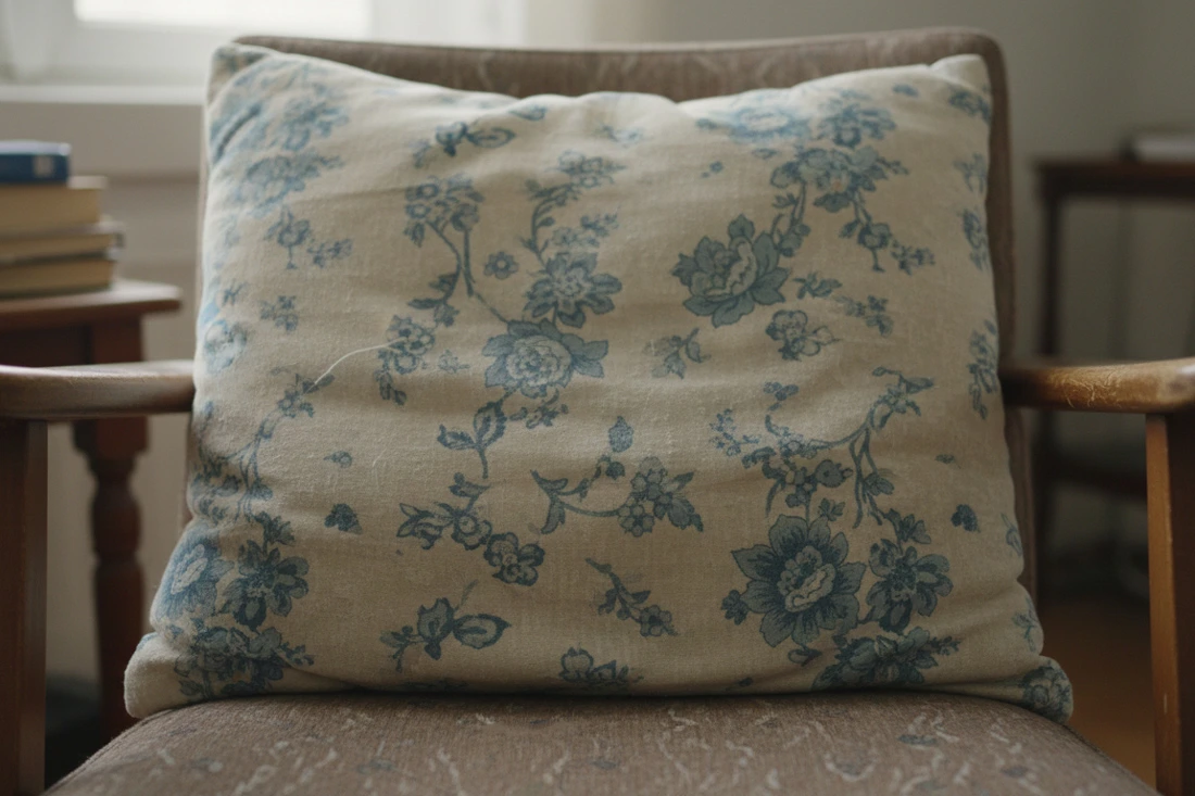 Well-used sofa cushion showing real wear and flattening