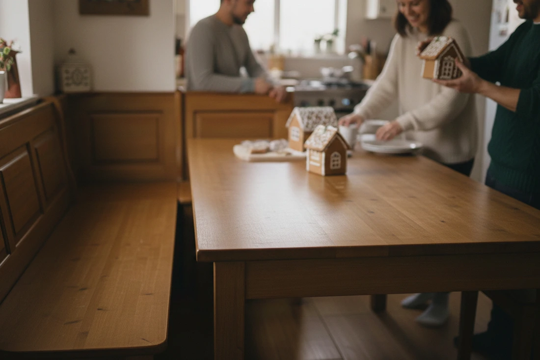 Plain wooden dining bench without cushions in everyday setting