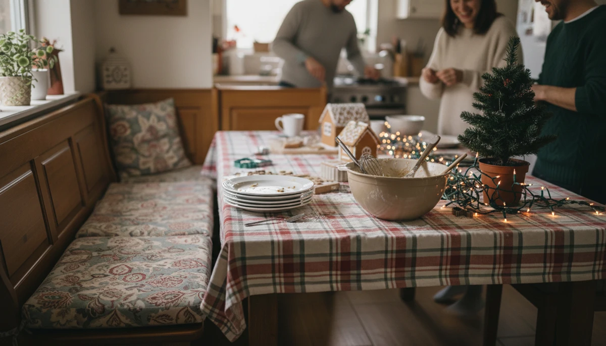 Family dining area with bench seating and cushions during holiday preparation