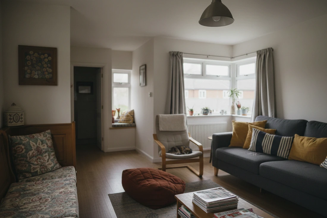 Several cushions visible in connected home spaces