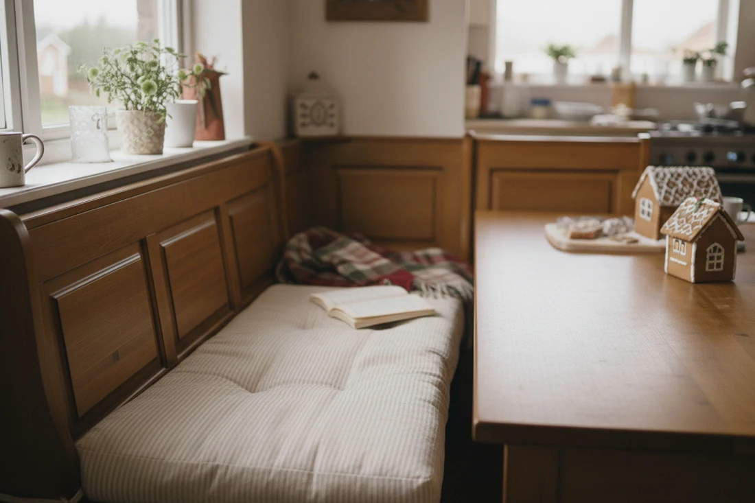 Window seat with cushion in normal household lighting