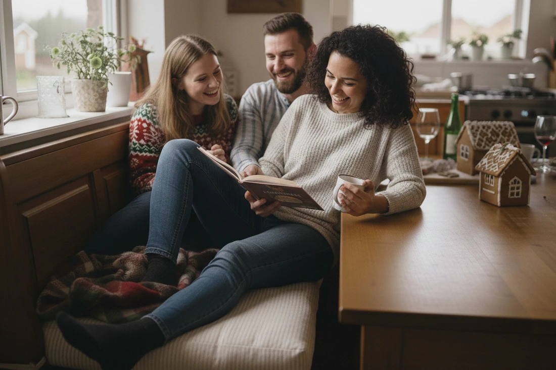 People actually sitting on window seat cushion during gathering