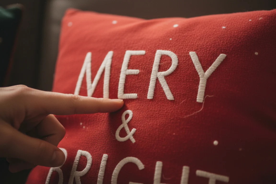 Embroidered Christmas motif on cushion photographed with indoor lamp light