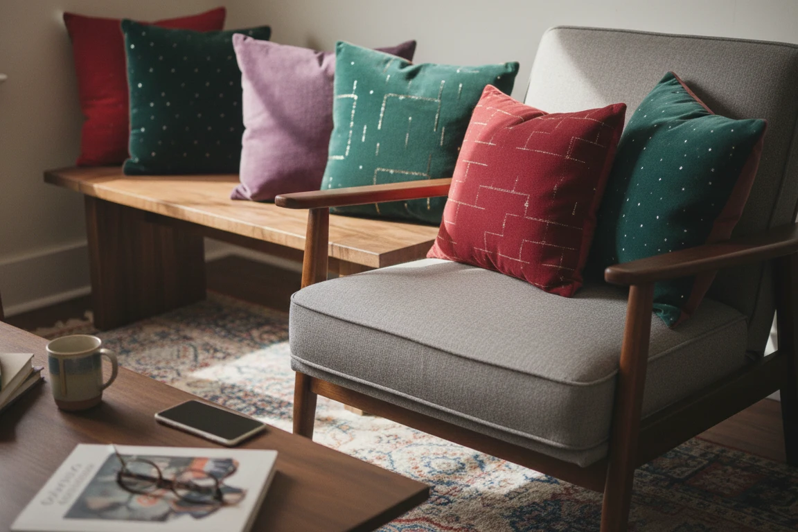 Jewel toned cushions on couch photographed casually with smartphone