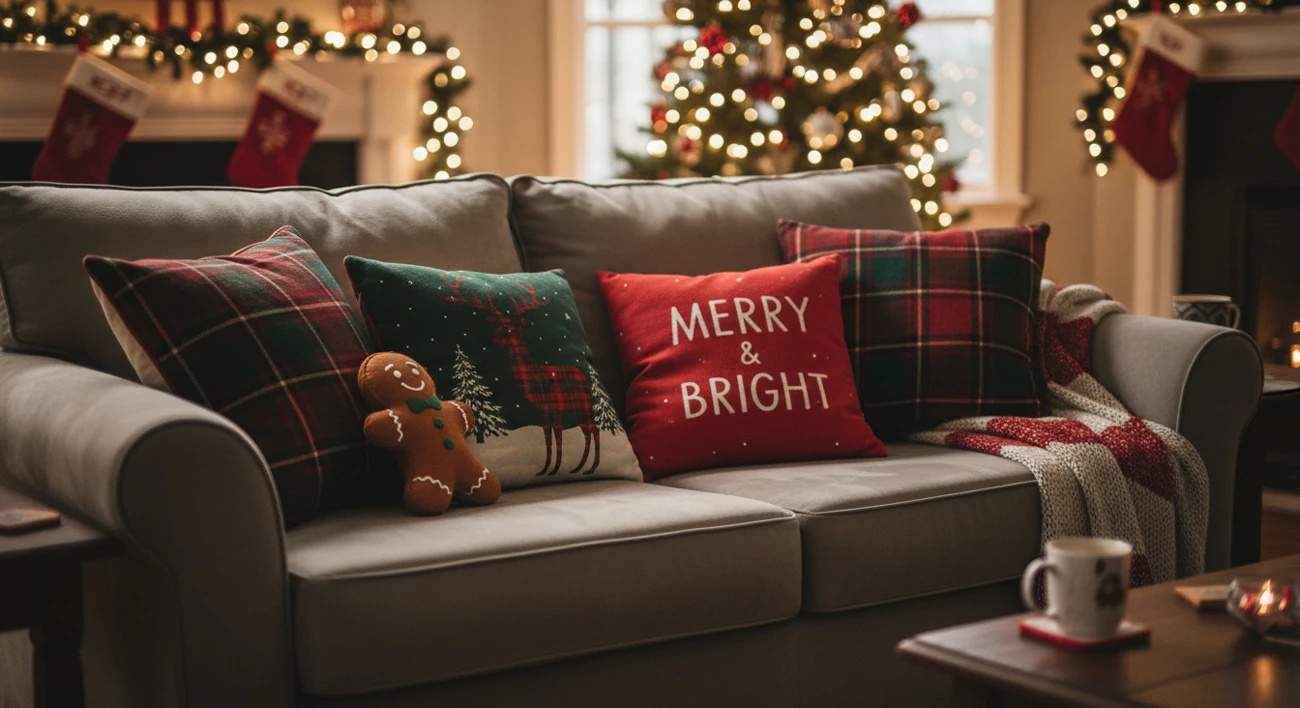 Living room sofa with various Christmas themed cushions taken with phone camera