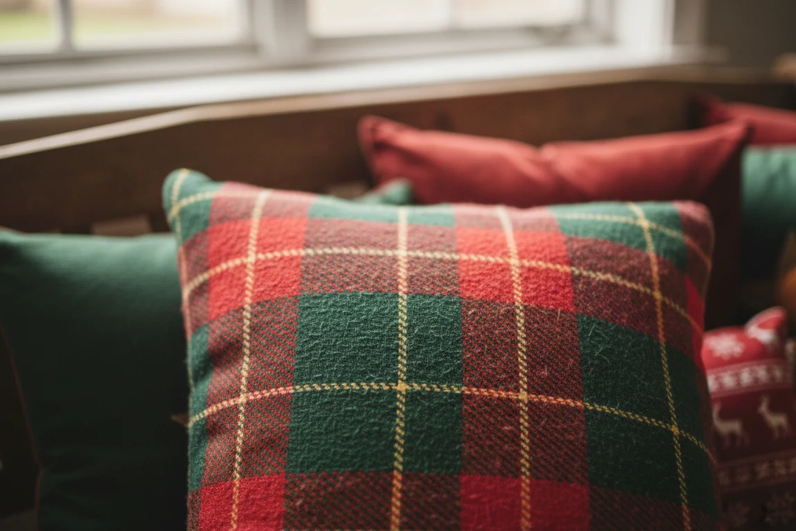 Close up of plaid cushion fabric texture in natural daylight