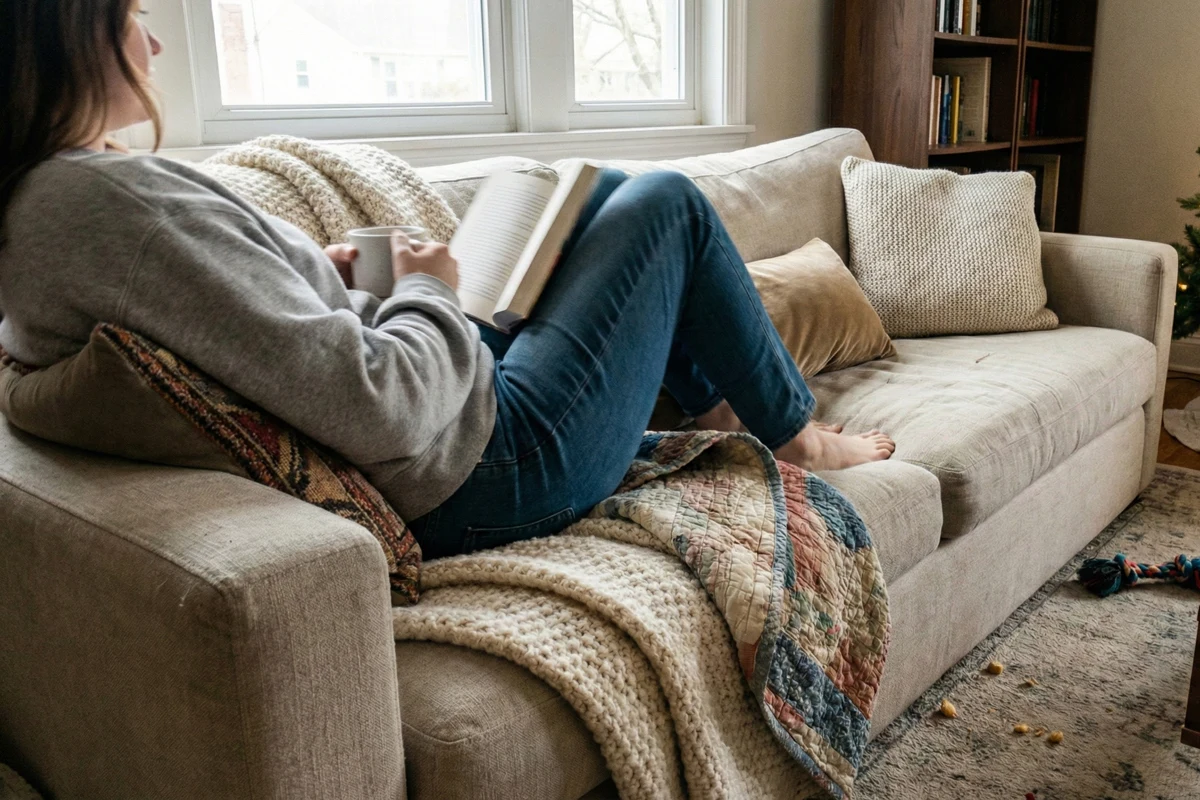 Person sitting on furniture with cushions candid smartphone photo