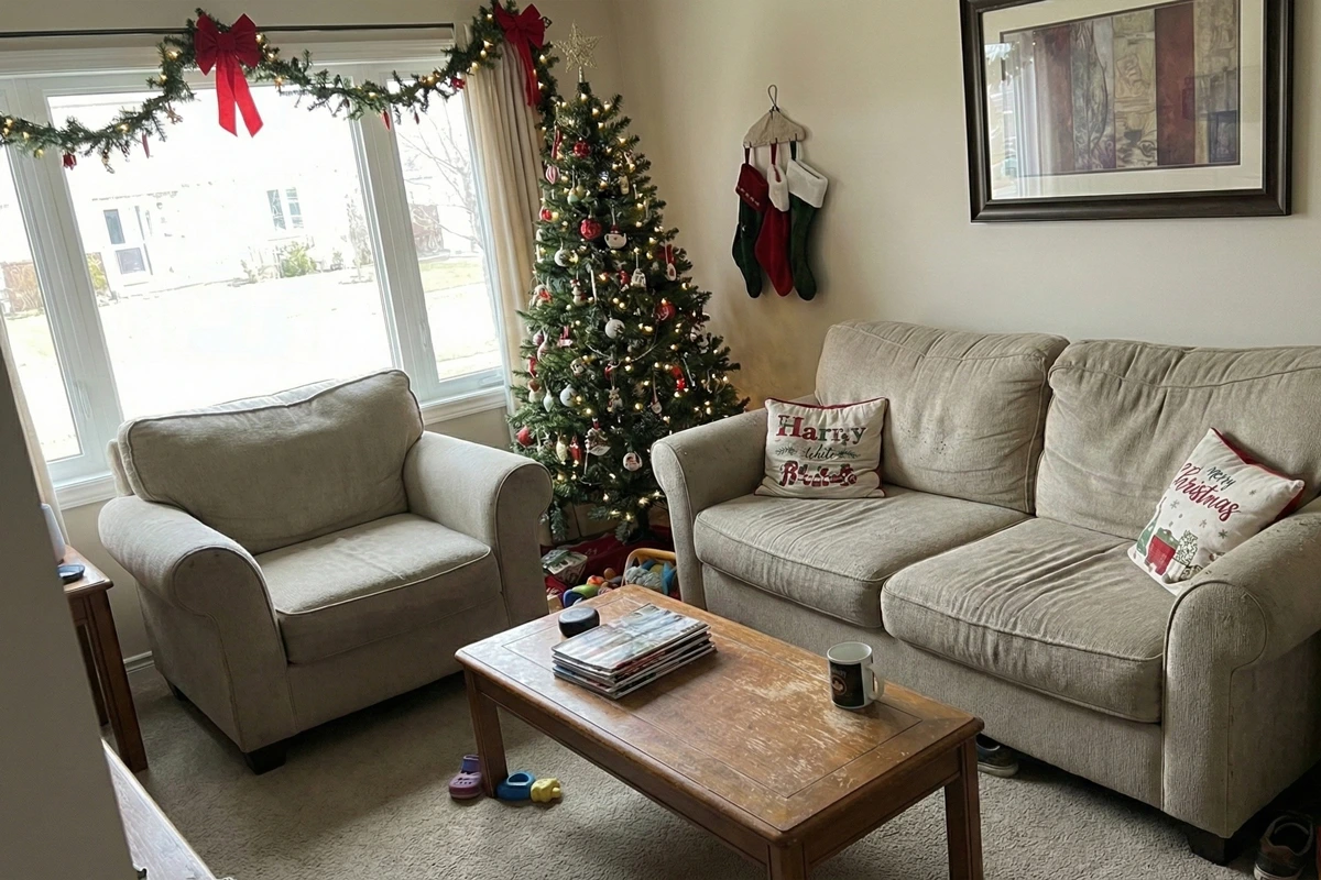 Living room furniture needing refresh photographed casually with smartphone