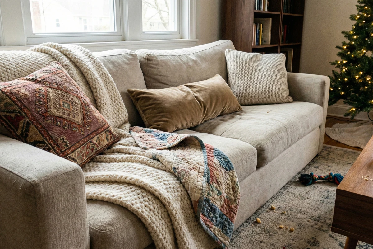 Throw blankets and pillows arranged on furniture casual smartphone photo