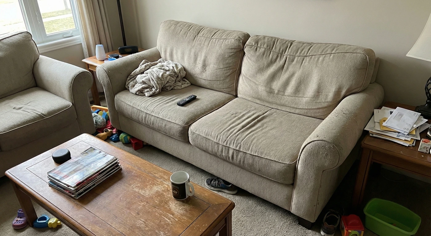 Old worn out cushions on home furniture photographed with phone