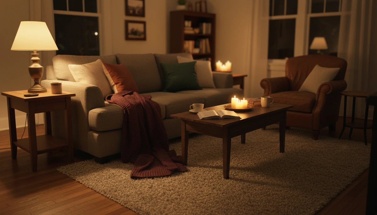 Warm evening home scene with soft lighting and comfortable seating