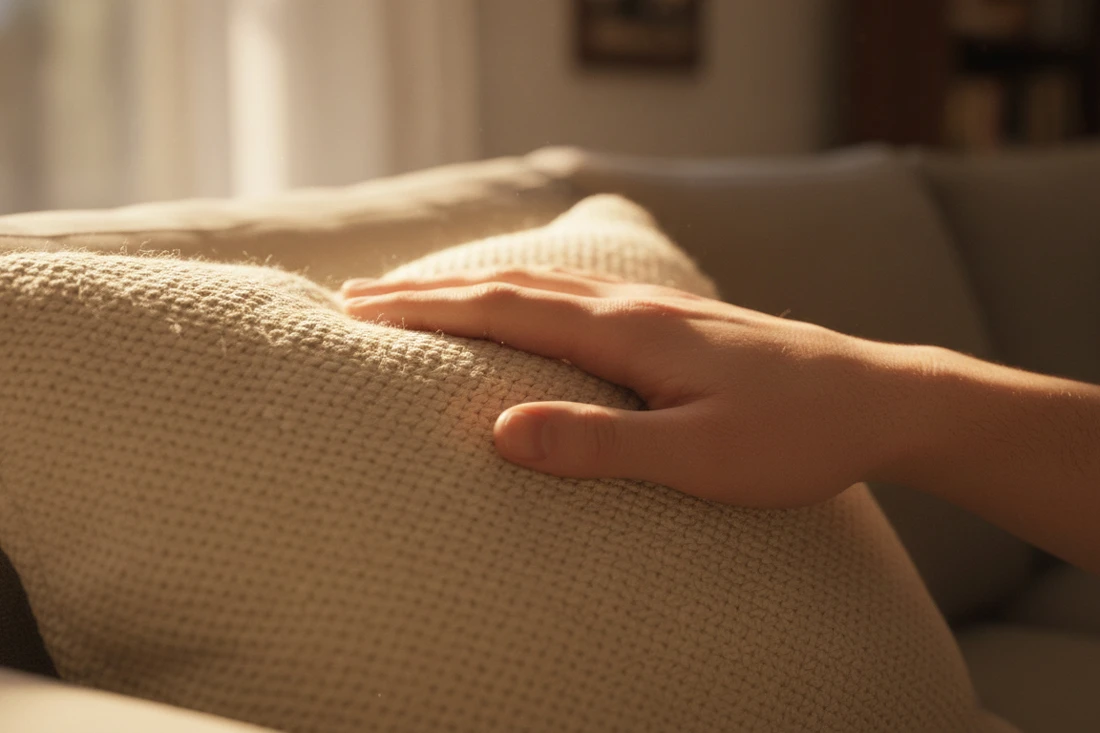 Close up of hand touching soft cushion texture in natural light