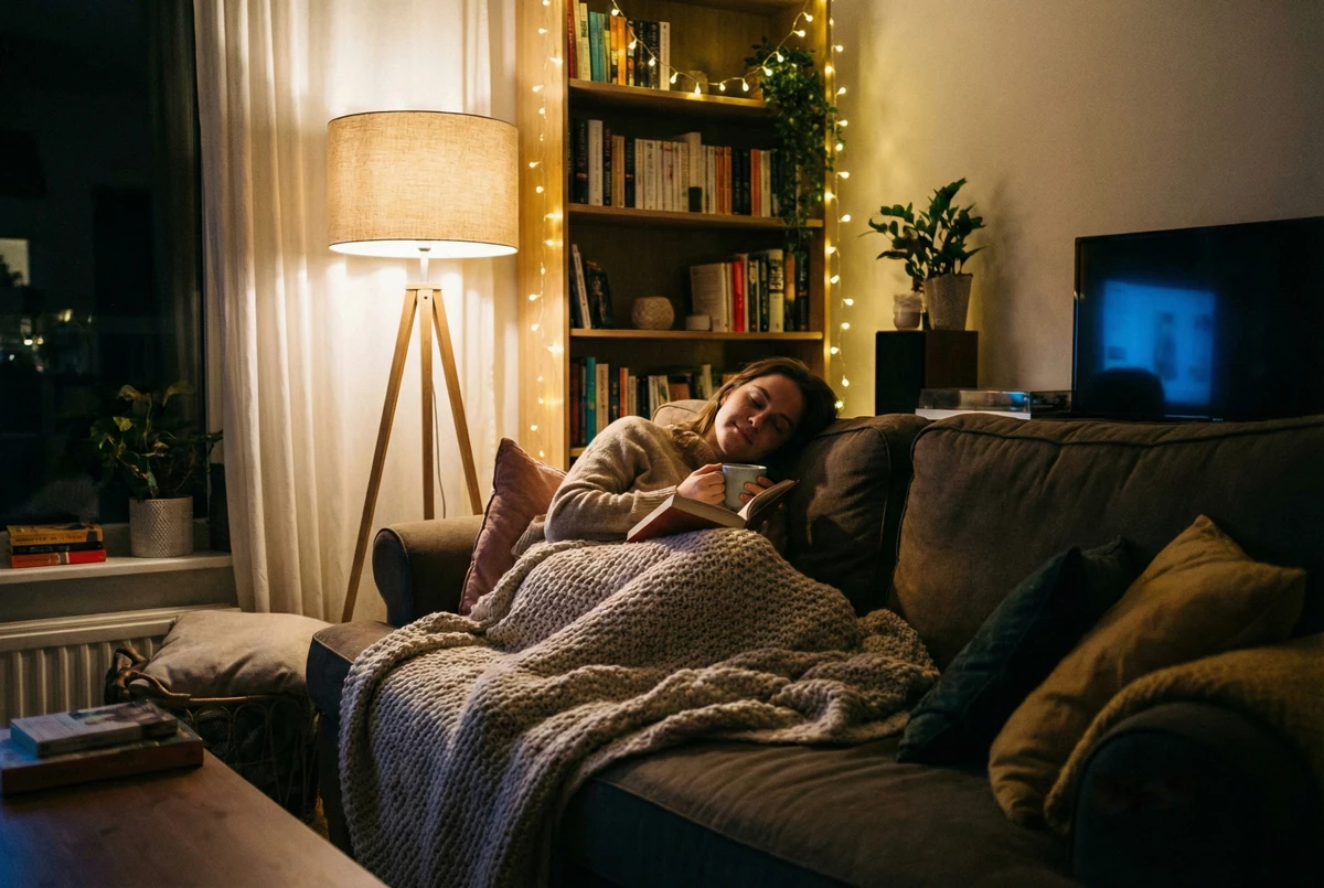 Evening scene of comfortable relaxation at home with good lighting