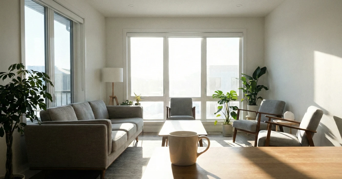 Bright January morning in home interior with natural light streaming through windows