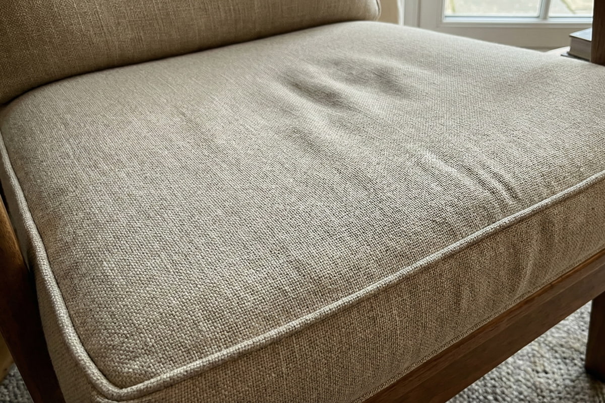 Detail shot of quality cushion construction and fabric in home setting