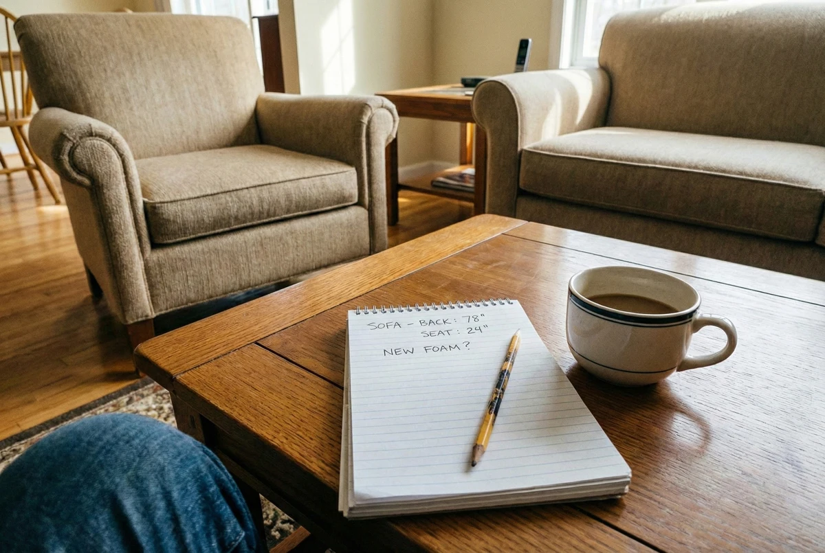 Process of assessing home furniture condition with phone notepad