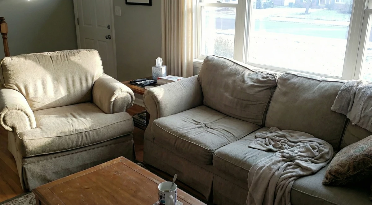 Early January morning showing worn cushions on furniture in natural light
