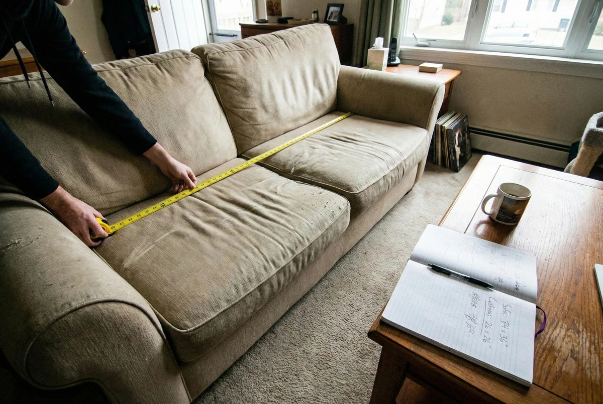 Someone measuring furniture dimensions with tape measure casual photo