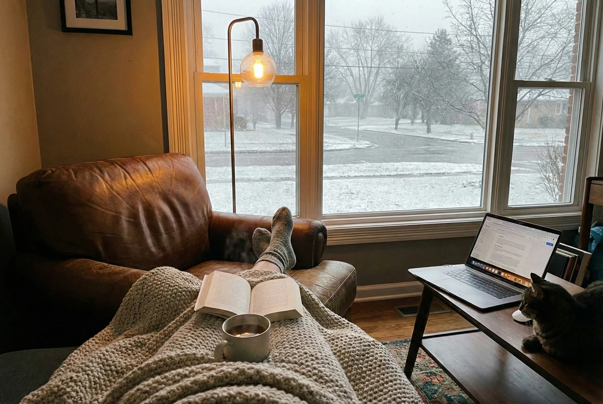 Cozy winter indoor scene showing someone settled in for long sitting session